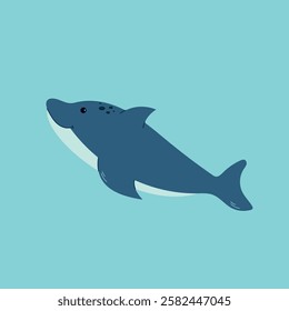 Cute cartoon dolphin swimming in a blue ocean. Simple and minimalist vector illustration, perfect for kids, marine life designs, and ocean-themed creative projects.