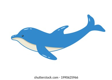 Cute cartoon dolphin swimming, vector illustration of sea animal isolated on white