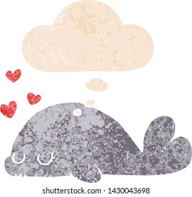 delfín de dibujos animados lindo con burbuja de pensamiento en un estilo retro angustiado estilo retro texturado
