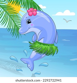 Cute Cartoon Delphin mit tropischer Blume und grünem Rock in der Natur. Sommertiervektorgrafik mit Meer- und Palmenblättern.