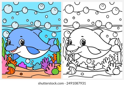 Cute cartoon dolphin underwater coloring page for kids, summer coloring pages for kids