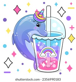 Delfín de dibujos animados con una banda de cabeza de unicornio y una bebida de arco iris. Ilustración vectorial de un animal y una taza de agua colorida sobre un fondo blanco con estrellas y puntos.