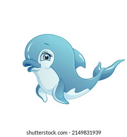 Cute cartoon dolphin vector illustration, isolated on white background.