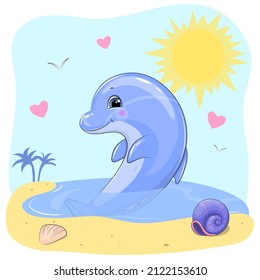 Cute cartoon dolphin in the water. Summer vector illustration of swimming sea animal near the beach.