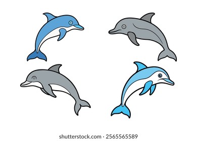 Cute cartoon dolphins jumping vector illustration