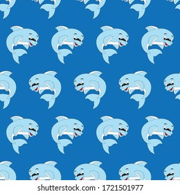 Cute cartoon Dolphins Seamless pattern on blue background. Vector of sea background for kids. Child drawing style cartoon baby animals underwater illustration. Design for fabric, textile, decoration.