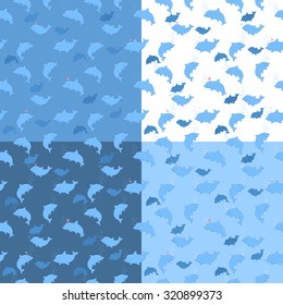 Cute cartoon dolphins seamless vector pattern. 