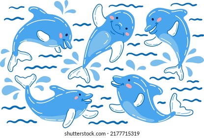 Cute Cartoon Dolphins Set Isolated On White Background. Hand Drawn Vector Illustration Of Sea Mammals. Joyful Jumping Dolphins With Drops. Summer Vacation. Sea Fun Illustration