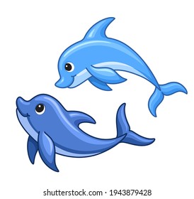 Cute cartoon dolphins swimmng. Children vector illustration. Dolphins isolated on white background.
