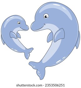 Cute cartoon dolphins in various poses  illustration