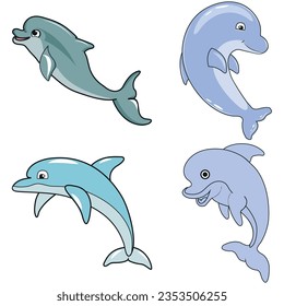 Cute cartoon dolphins in various poses  illustration