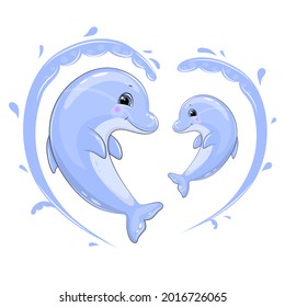 Cute cartoon dolphins and water splash. Vector illustration of animals on a white background.