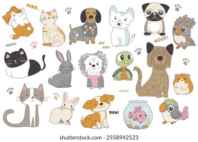 Cute cartoon domestic animals set elements in flat graphic design. Collection of funny playful cats and kittens, dog and puppies, parrots, rabbits, turtle, hamster, fish aquarium. Vector illustration.