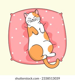 Cute cartoon domestic cat sleeping on a pillow. Isolated on white vector illustration. Animal nature icon, flat