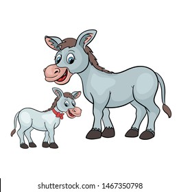 Cute cartoon donkey and baby family vector illustration