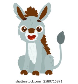 Cute cartoon donkey with big ears, fluffy mane, and cheerful expression, sitting happily with a playful and friendly vibe. Adorable Cartoon Donkey Sitting Cheerfully