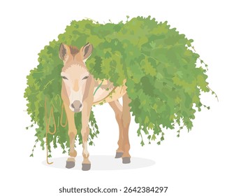 Bonito burro de desenho animado carregando um fardo pesado de grama fresca. Ilustração de animal engraçado de vetor isolado no branco.