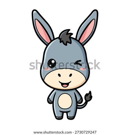 Cute cartoon donkey character with blue fur and pink inner ears smiling and waving