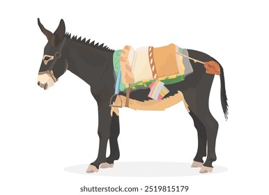 Bonito desenho burro com arnês tradicional colorido nas costas. Ilustração de caracteres de animais vetoriais.