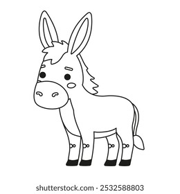 Página de coloração de burro de desenho animado bonito. Um bonito esboço em estilo de desenho animado de um burro para coloração infantil. Ideal para livros, planilhas e páginas de atividades para colorir crianças.