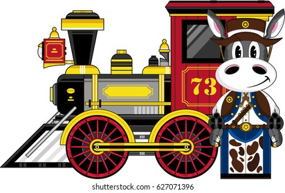 Cute Cartoon Donkey Cowboy and Train