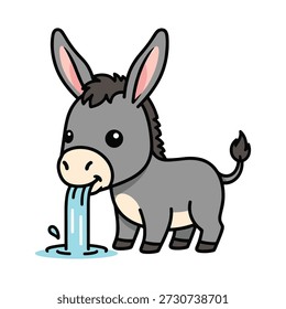 Bonito desenho animado burro beber água com líquido azul e uma poça