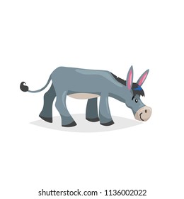 Cute cartoon donkey finding fresh grass. Farm animal. Vector illustration for education or comic needs. Vector drawing isolated on white background.
