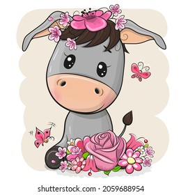 Cute Cartoon Donkey with flowers on a white background