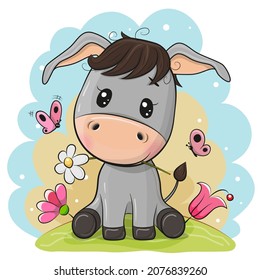 Cute cartoon Donkey with flowers on a blue background