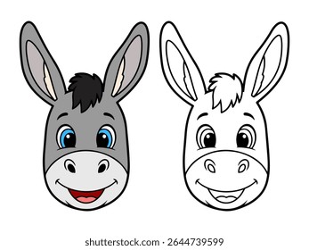 Cute cartoon donkey head illustration, with one colored gray version and one black and white outline. Ideal for farm animal themes or coloring pages.