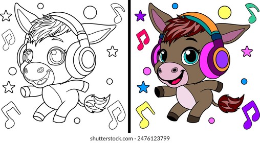 Cute cartoon donkey with headphones. Coloring book.Vector illustration.