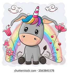 Cute Cartoon Donkey with horn of Unicorn 