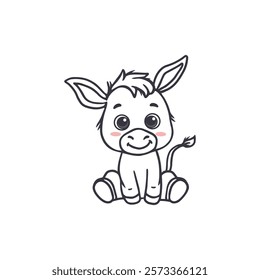 Cute cartoon donkey isolated on white. Animal in doodle style for children's coloring, worksheets, and activity pages. Vector illustration