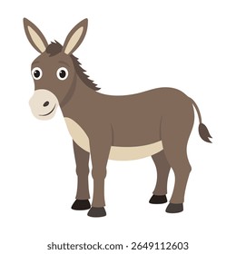 Cute cartoon donkey. Mule farm animal with long ears and friendly expression. Suitable for children's books, sticker, mascot,fairy tales, logo. Isolated vector illustration on white background