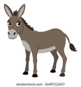 Cute cartoon donkey. Mule farm animal with long ears and friendly expression. Suitable for children's books, sticker, mascot,fairy tales, logo. Isolated vector illustration on white background