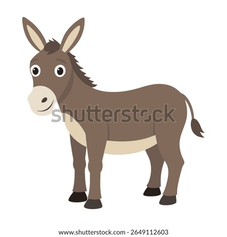 Cute cartoon donkey. Mule farm animal with long ears and friendly expression. Suitable for children's books, sticker, mascot,fairy tales, logo. Isolated vector illustration on white background