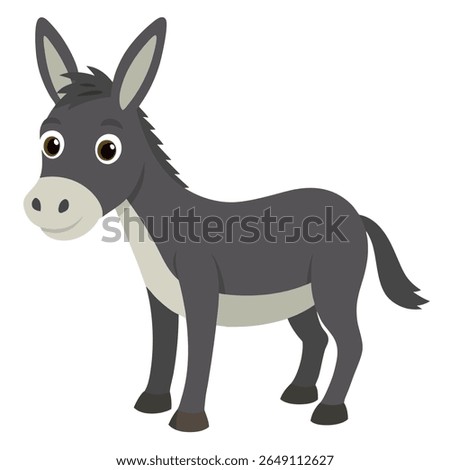 Cute cartoon donkey. Mule farm animal with long ears and friendly expression. Suitable for children's books, sticker, mascot,fairy tales, logo. Isolated vector illustration on white background