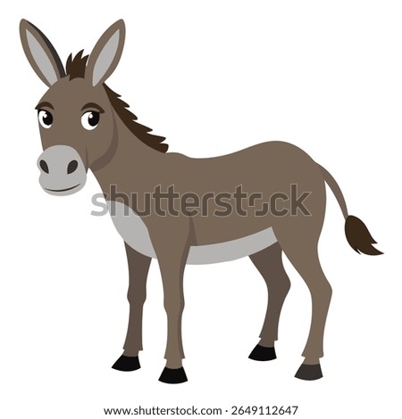 Cute cartoon donkey. Mule farm animal with long ears and friendly expression. Suitable for children's books, sticker, mascot,fairy tales, logo. Isolated vector illustration on white background