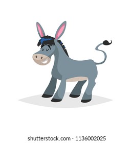 Cute cartoon donkey. Obstinate domestic farm animal. Vector illustration for education or comic needs. Vector drawing isolated on white background.