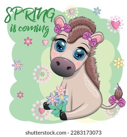 Cute cartoon donkey, pony for postcard with flowers, spring is coming.