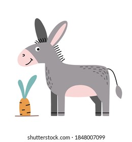 Cute cartoon donkey or pony stands in front of carrot. Doodle style vector illustration. 