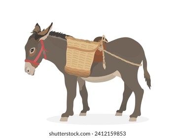 Cute cartoon Donkey with a saddle and basket on the back. Vector animals illustration.