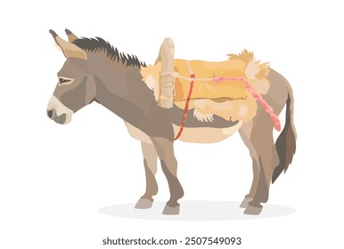 Cute cartoon Donkey with a saddle and basket on the back. Vector horse illustration.