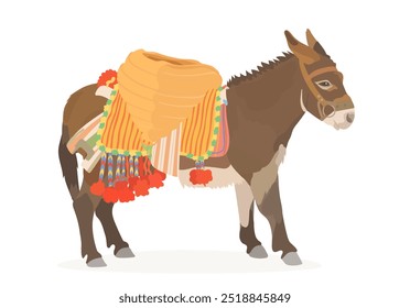 Cute cartoon Donkey with a saddle and basket on the back. Vector animals character illustration isolated on white.