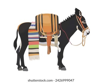 Cute cartoon Donkey with a saddle on the back, laden with a barrel and draped in a vibrant sarape. Vector wildlife animals illustration.