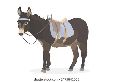 Cute cartoon Donkey with a saddle on the back. Vector funny animals illustration.