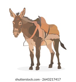 Cute cartoon Donkey with a saddle on the back. Vector animal illustration isolated on white.