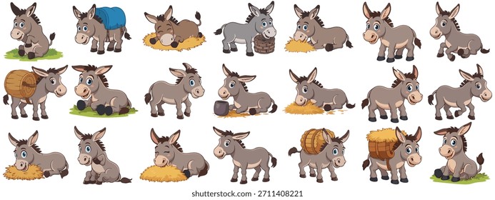 Lindo conjunto de burros de dibujos animados con poses juguetonas, escenas de sueño, comer heno, llevar barriles y animaciones sentadas. Ideal para diseños infantiles, stickers y contenido educativo.