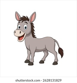 Vetor de burro de desenho animado bonito com um grande sorriso, isolado no branco. Ilustração engraçada de animal de fazenda em cinza, perfeita para a vida selvagem, zoológico ou desenhos de caráter doméstico.