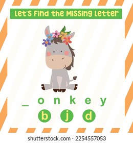 Cute cartoon donkey wearing a crown flower Educational spelling game for kids. Complete the missing letters for animal farm name in English. Kids educational worksheet.